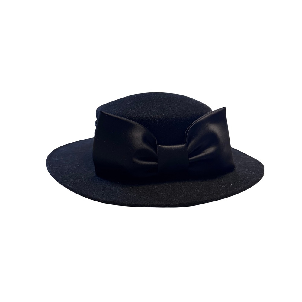 Michael Howard Vintage Black‎ 100% Wool Pillbox Hat Oversized Satin Bow Made USA